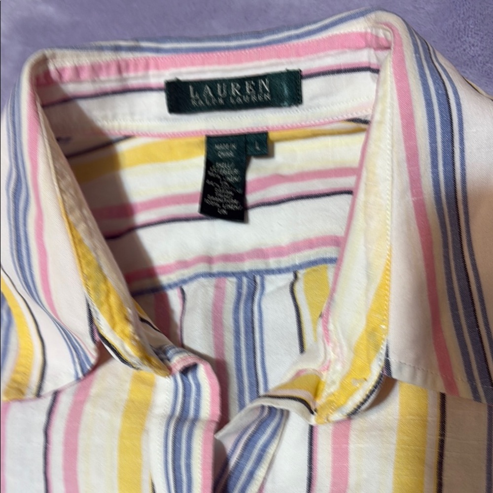 Lauren Ralph Lauren Linen Cotton Shirt L Striped Pink Yellow Blue Coastal - Picture 3 of 11